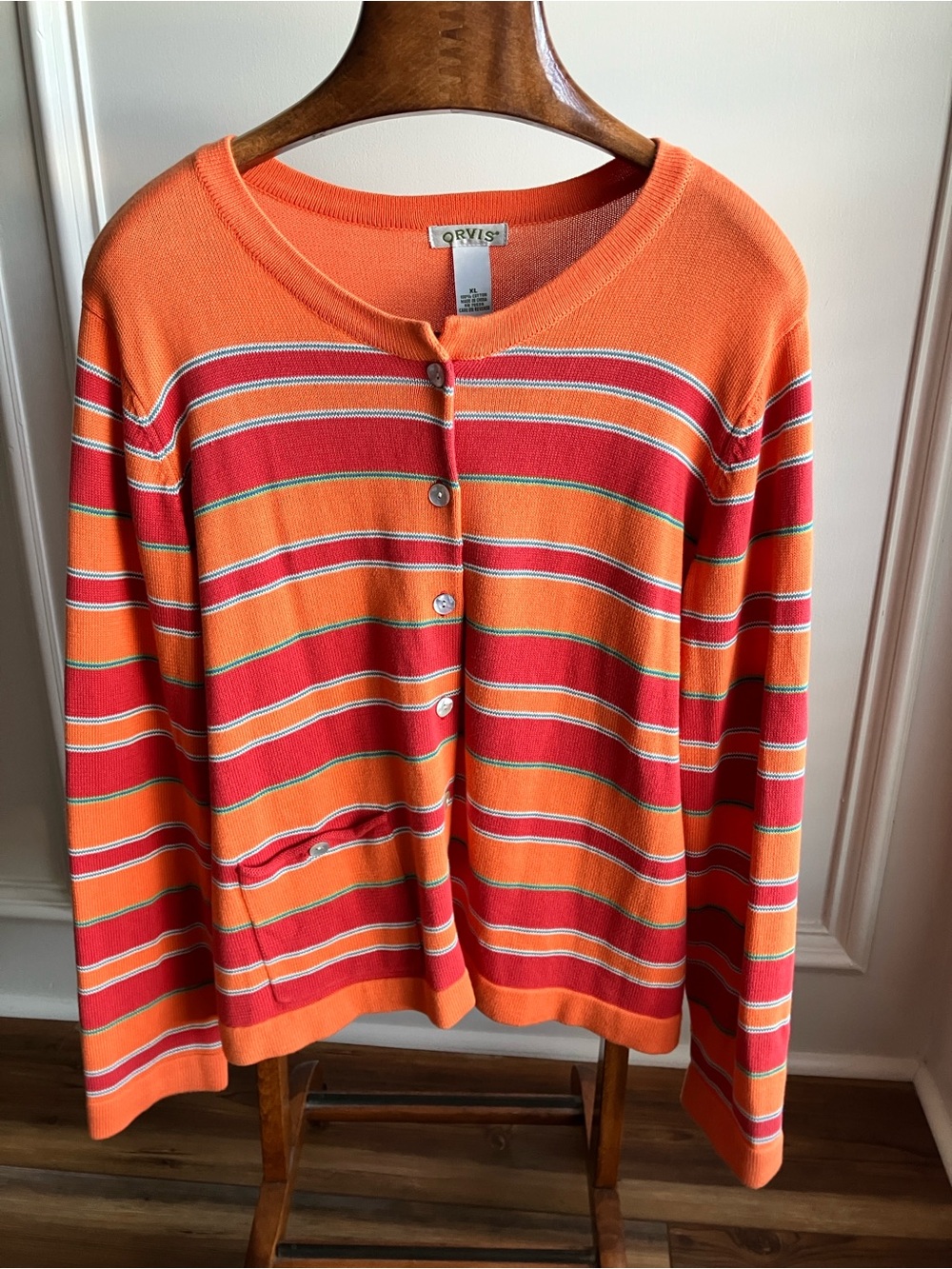 Orvis XL 100% Cotton Orange Red Striped Cardigan Sweater